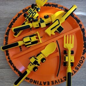 Orange Construction Themed Plate and Utensils Set Constructive Eating Set Of 2